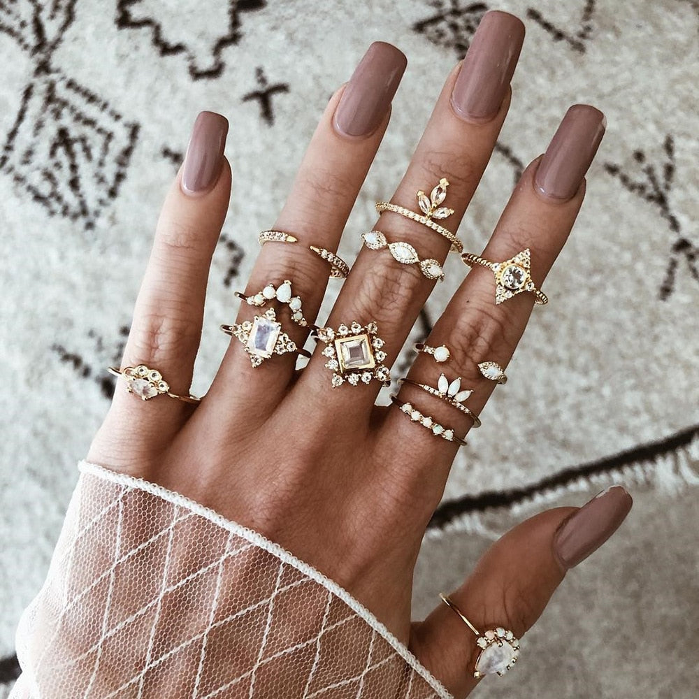 Vintage Women Crystal Rings Set - Fashion Jewelry