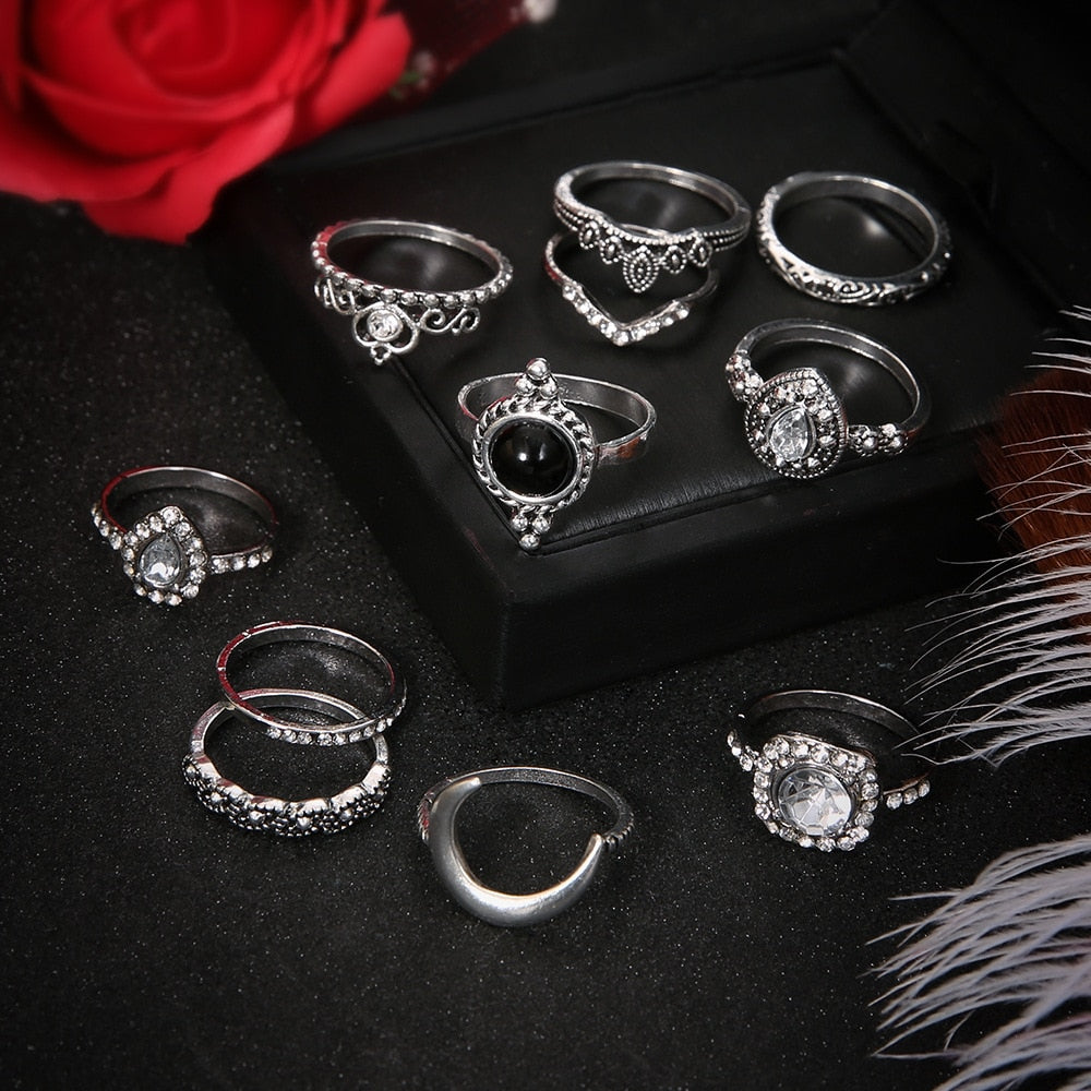 Vintage Women Crystal Rings Set - Fashion Jewelry