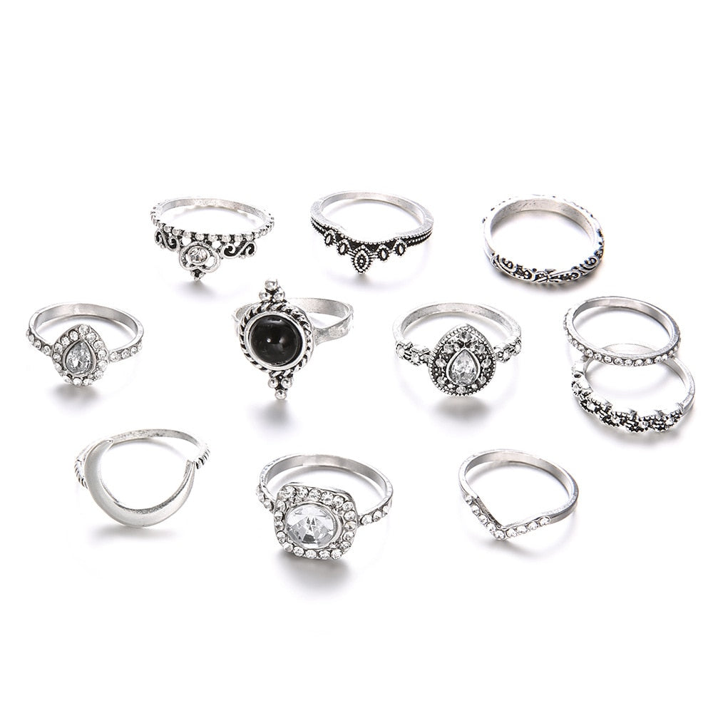 Vintage Women Crystal Rings Set - Fashion Jewelry