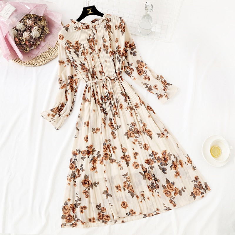 Long Dress with Flare Sleeve - Chiffon Dress