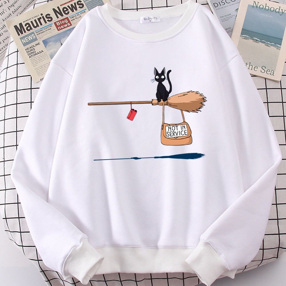 Cute Cat Not In Service Print Hoodies Women Casual Crewneck Sportswear Fleece Warm Fleece Sweatshirt Loose Hoody Autumn Clothes