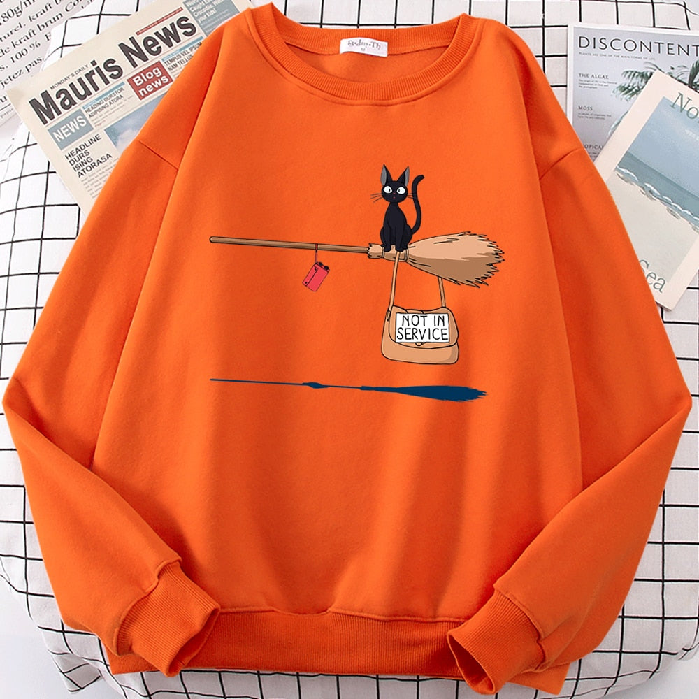 Cute Cat Not In Service Print Hoodies Women Casual Crewneck Sportswear Fleece Warm Fleece Sweatshirt Loose Hoody Autumn Clothes