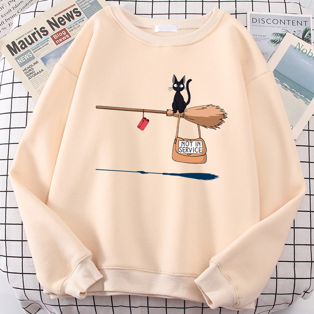 Cute Cat Not In Service Print Hoodies Women Casual Crewneck Sportswear Fleece Warm Fleece Sweatshirt Loose Hoody Autumn Clothes