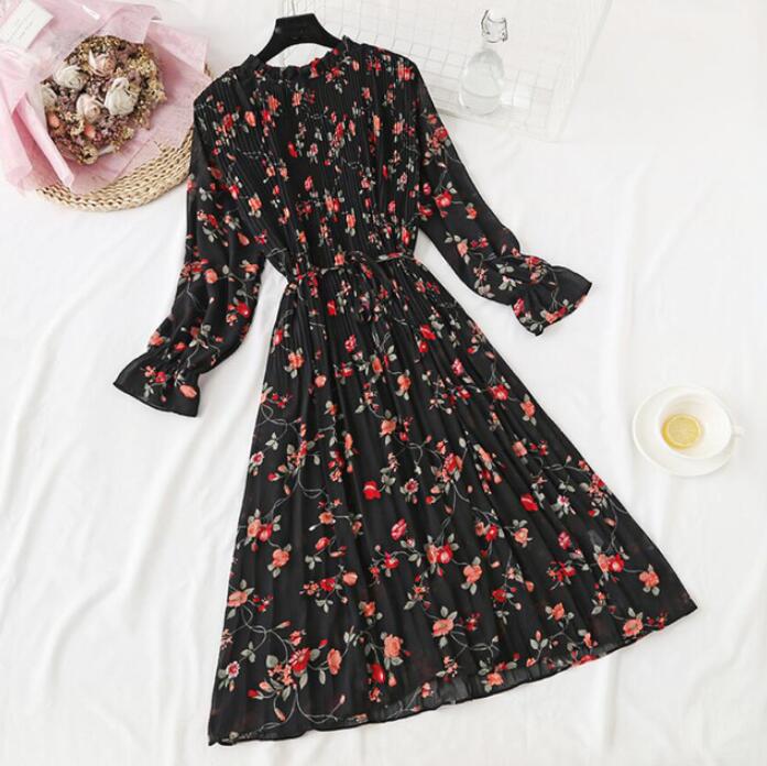 Long Dress with Flare Sleeve - Chiffon Dress