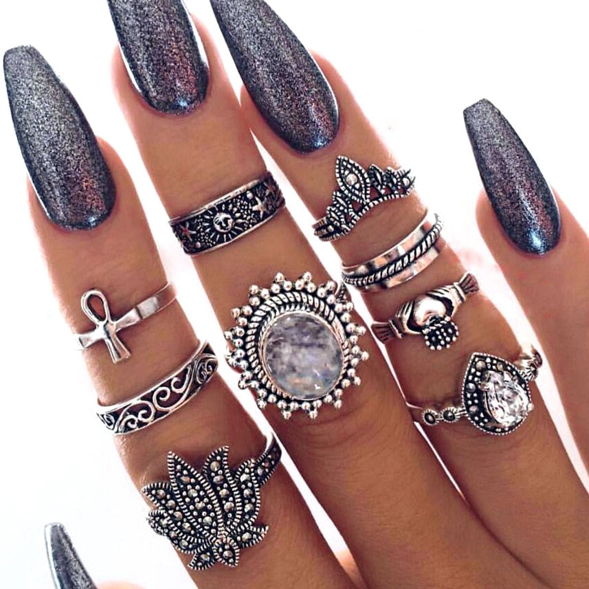 Vintage Women Crystal Rings Set - Fashion Jewelry