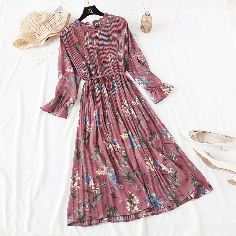 Long Dress with Flare Sleeve - Chiffon Dress