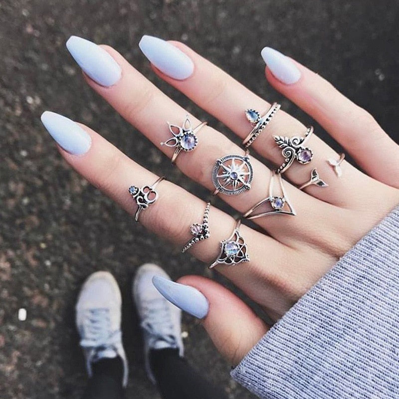 Vintage Women Crystal Rings Set - Fashion Jewelry