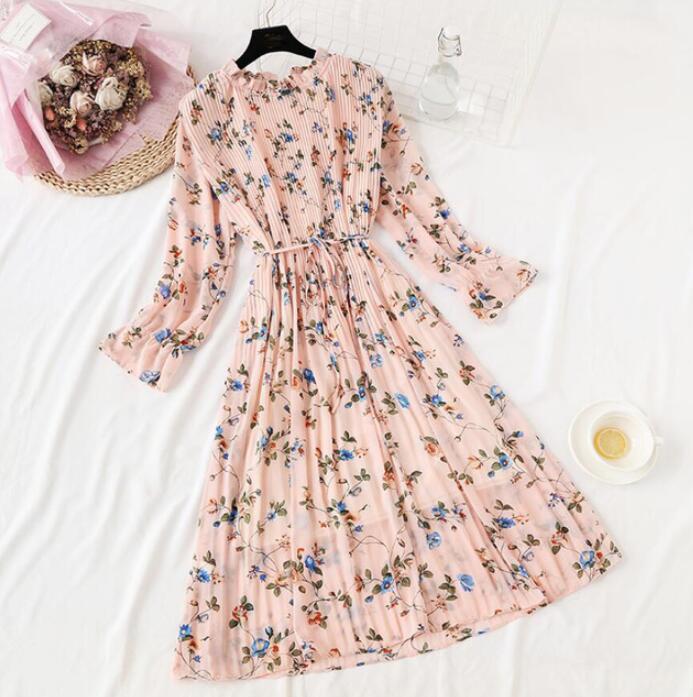 Long Dress with Flare Sleeve - Chiffon Dress