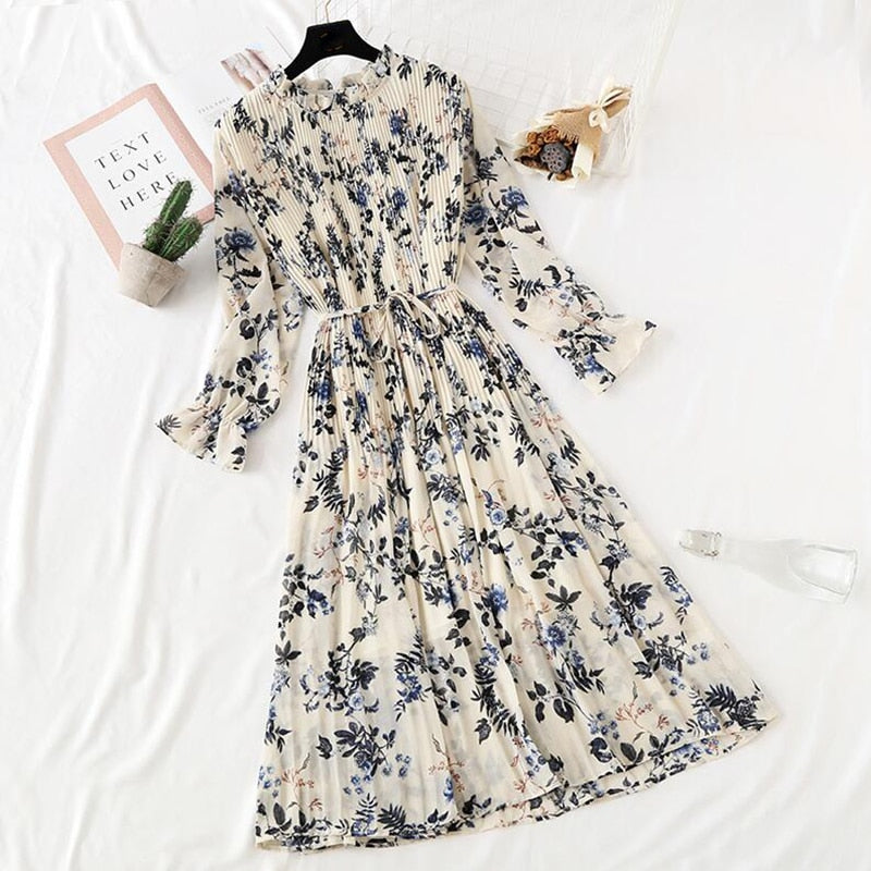 Long Dress with Flare Sleeve - Chiffon Dress