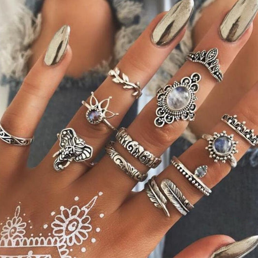 Vintage Women Crystal Rings Set - Fashion Jewelry