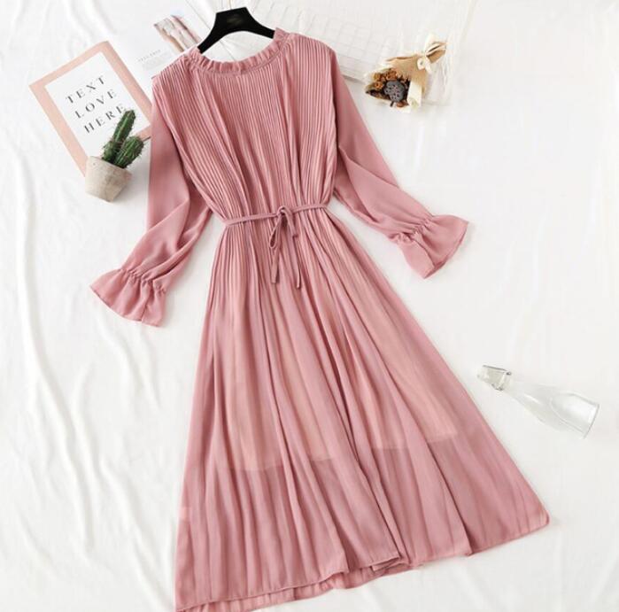 Long Dress with Flare Sleeve - Chiffon Dress