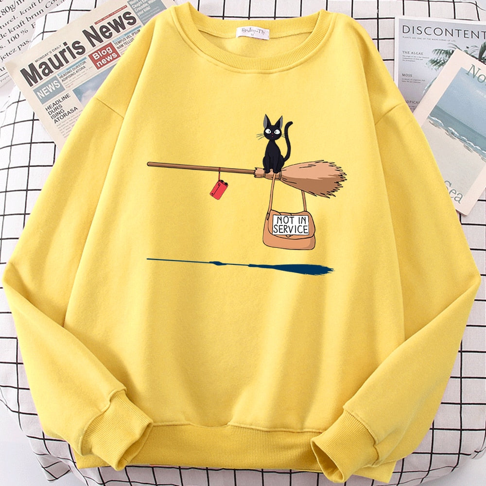 Cute Cat Not In Service Print Hoodies Women Casual Crewneck Sportswear Fleece Warm Fleece Sweatshirt Loose Hoody Autumn Clothes