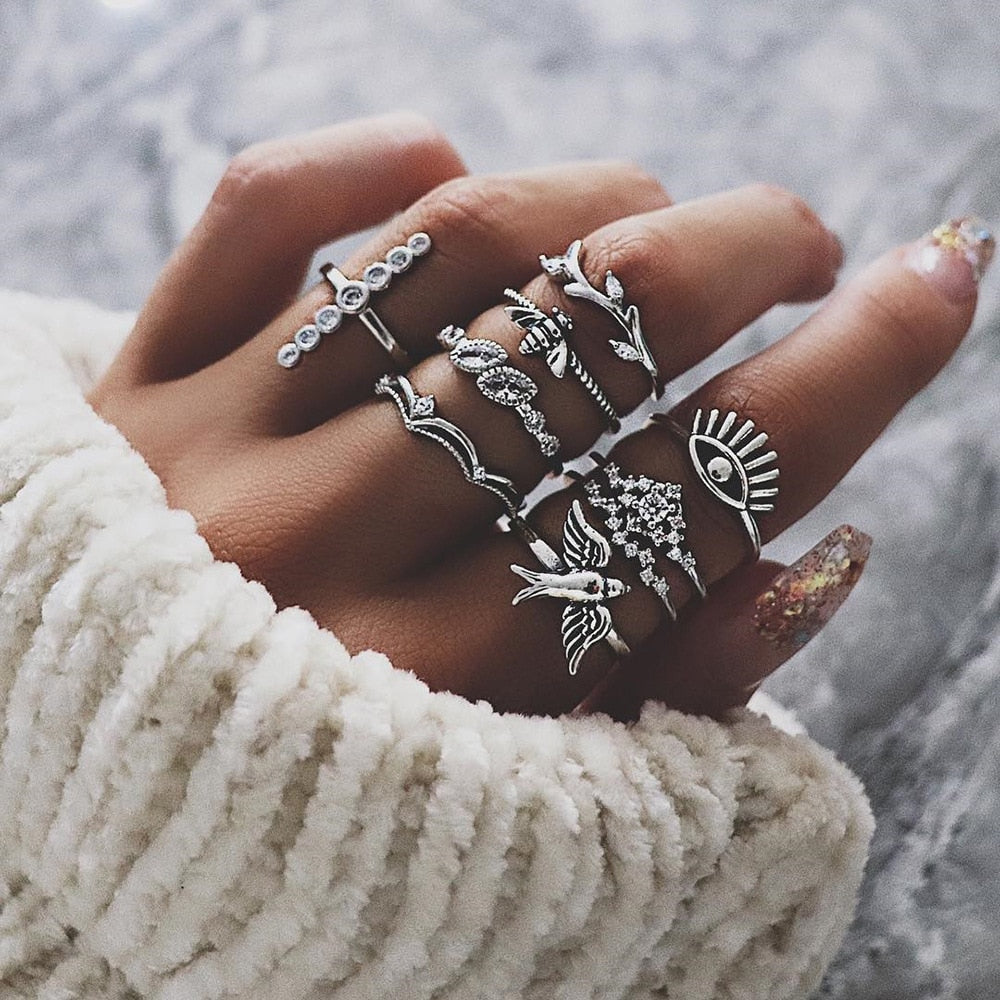 Vintage Women Crystal Rings Set - Fashion Jewelry