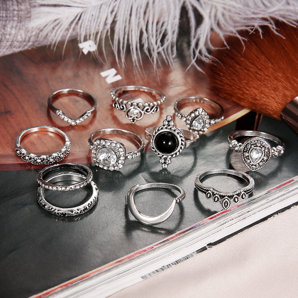 Vintage Women Crystal Rings Set - Fashion Jewelry