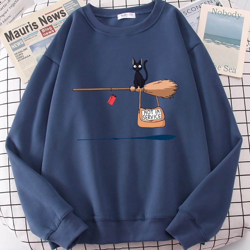 Cute Cat Not In Service Print Hoodies Women Casual Crewneck Sportswear Fleece Warm Fleece Sweatshirt Loose Hoody Autumn Clothes