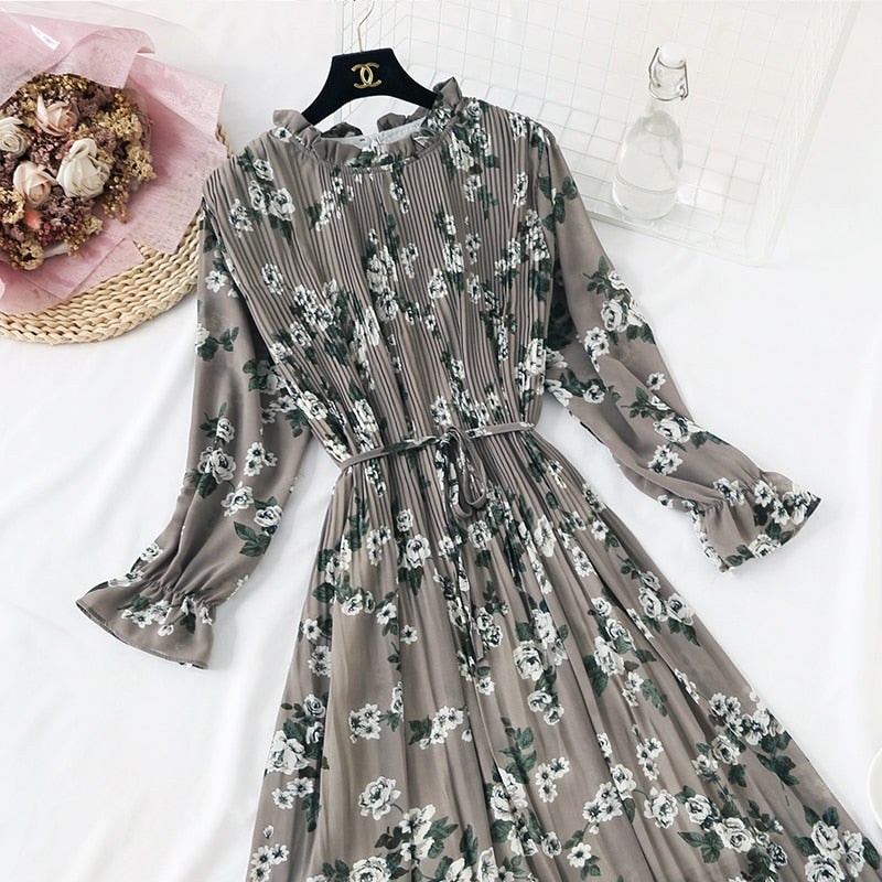 Long Dress with Flare Sleeve - Chiffon Dress