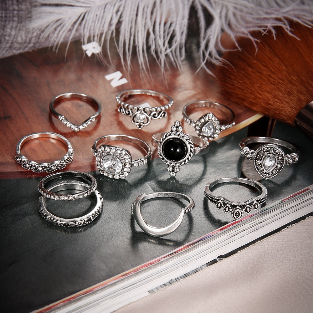 Vintage Women Crystal Rings Set - Fashion Jewelry