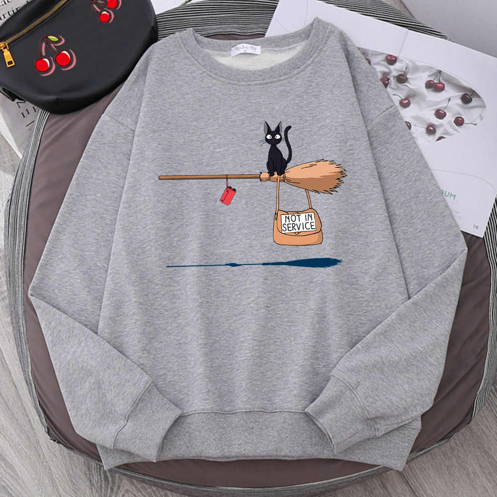 Cute Cat Not In Service Print Hoodies Women Casual Crewneck Sportswear Fleece Warm Fleece Sweatshirt Loose Hoody Autumn Clothes