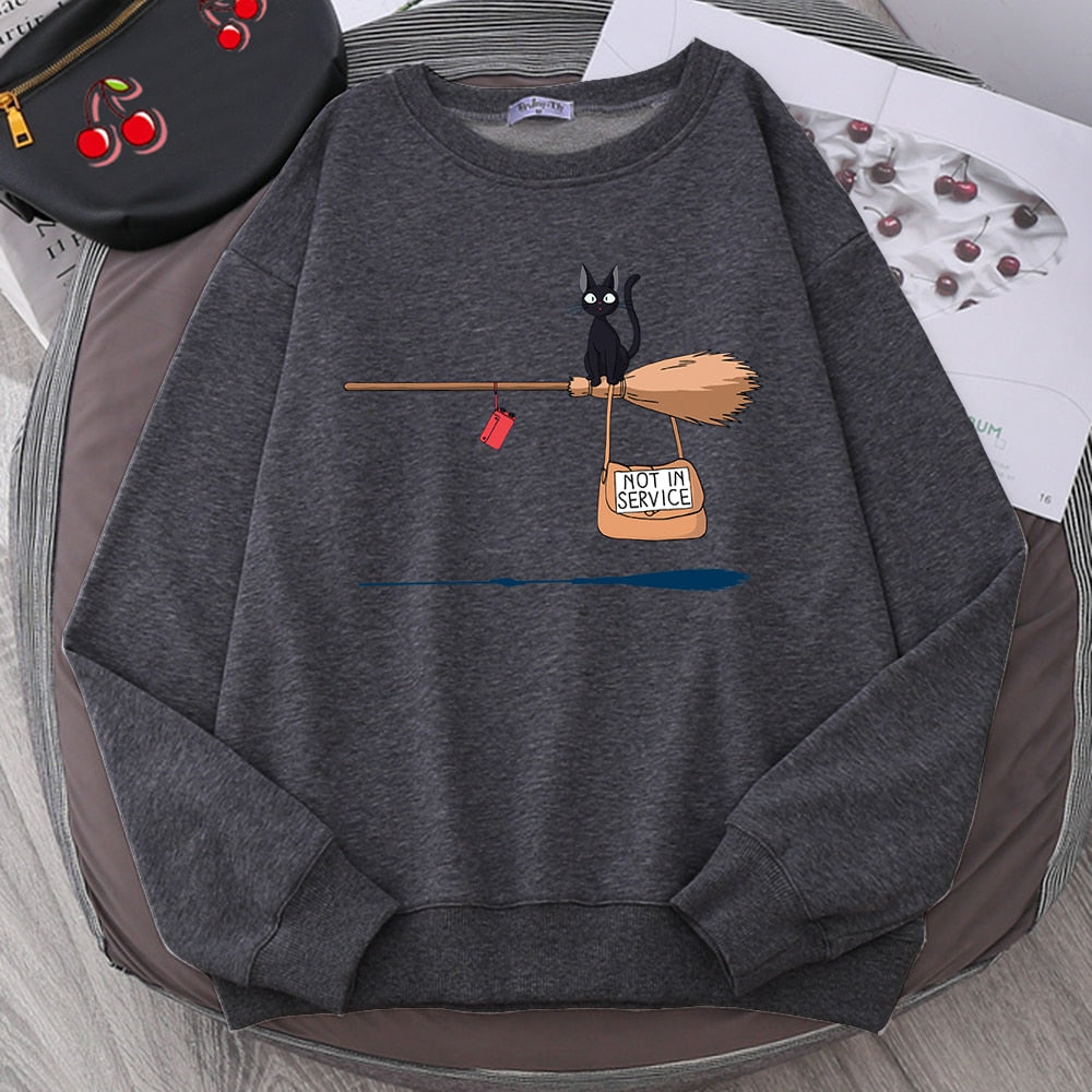 Cute Cat Not In Service Print Hoodies Women Casual Crewneck Sportswear Fleece Warm Fleece Sweatshirt Loose Hoody Autumn Clothes