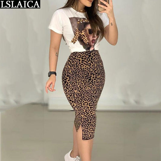 Two Pc Set Leopard print Skirt and Shirt