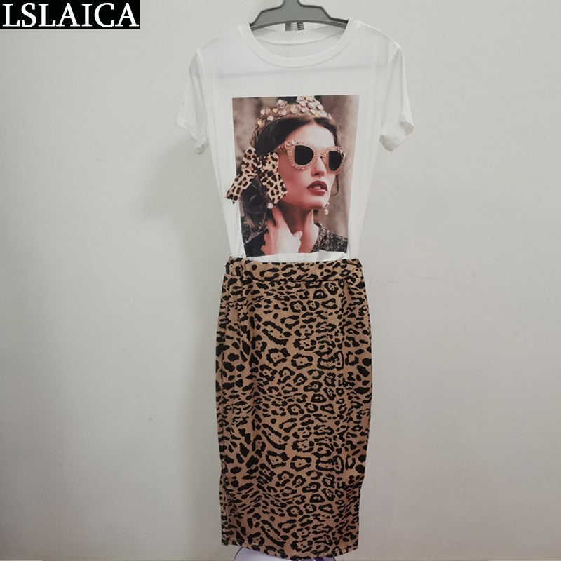 Two Pc Set Leopard print Skirt and Shirt